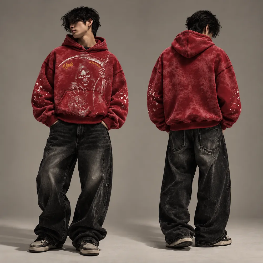 Burgundy distressed hoodie, front and back on a model