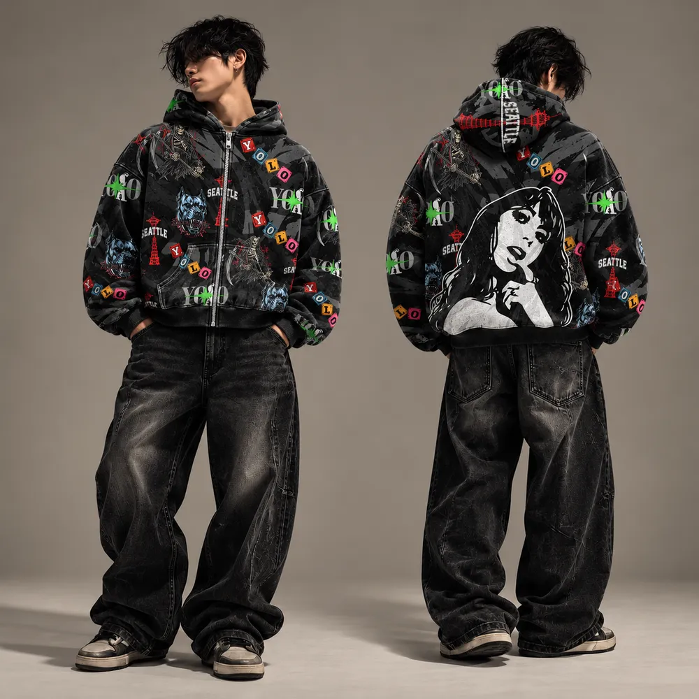 YOLO zip-up hoodie, front and back on a model